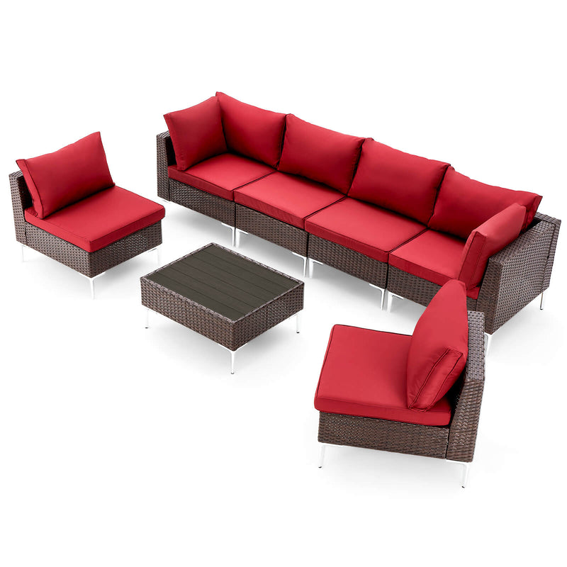 7 Pcs Outdoor Sectional Sofas All-Weather Patio Couch Set with Red Cushion/Tea Table