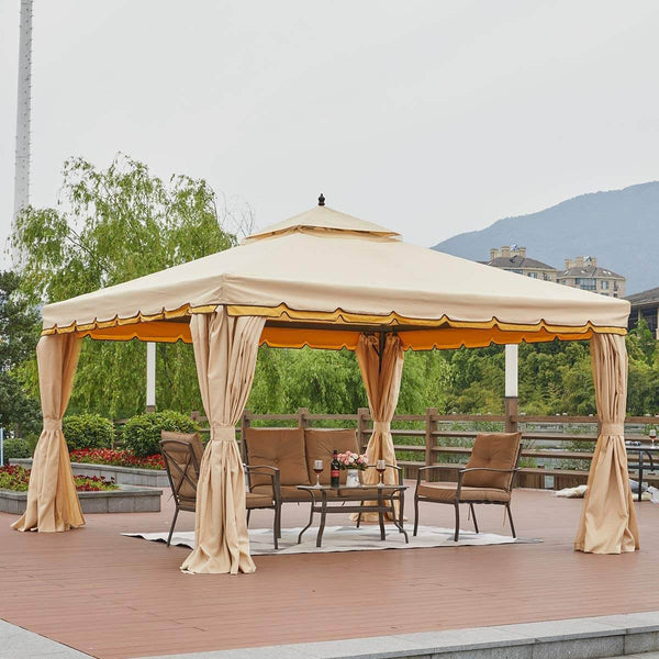 12’ x 12’ Canopy Gazebo Double Roof Patio Gazebo Steel Frame with Netting and Shade Curtains, Beige