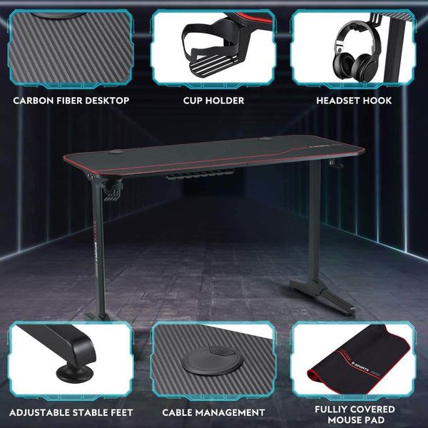 55inch Gaming Desk, T Shaped Computer Desk, Office Desk with Cup Holder & Headphone Hook,Professional Home Office Writing Desk with USB Gaming Handle Rack & Full Desk Mouse Pad