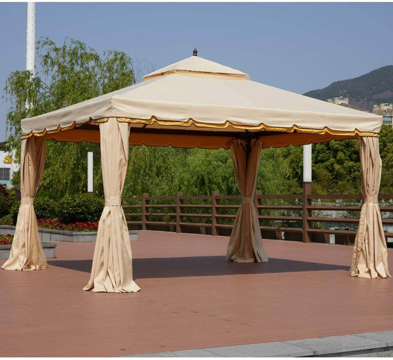 10’ x 12’ Gazebo Double Roof Patio Gazebo Canopy Steel Frame with Netting & Shade Curtains, Beige