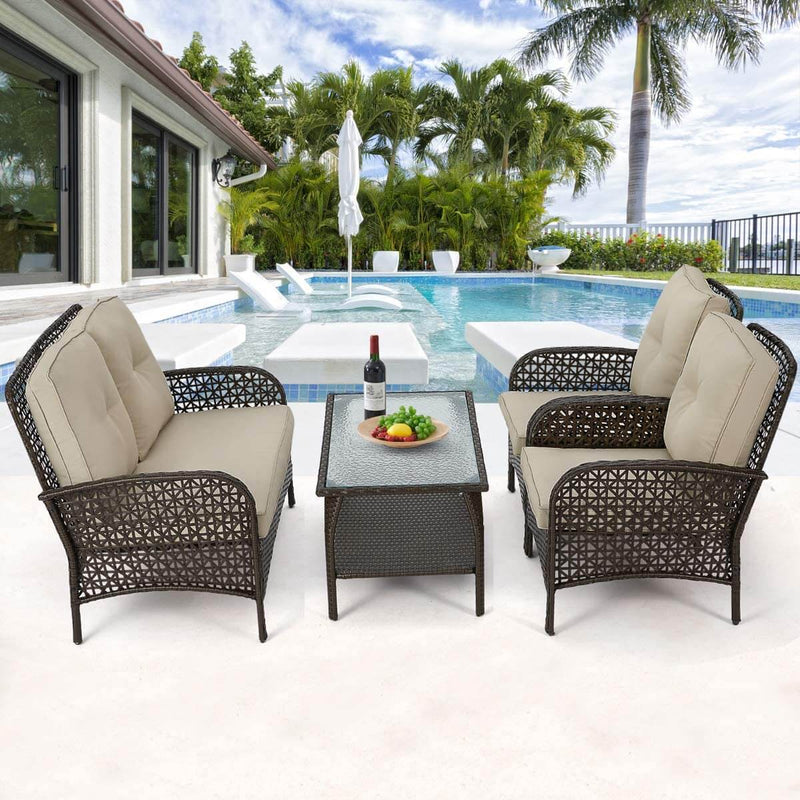 4 Pcs Outdoor Patio Furniture Sets Rattan Sofa Chair Wicker Set, Backyard Porch Balcony Furniture Sets, Brown