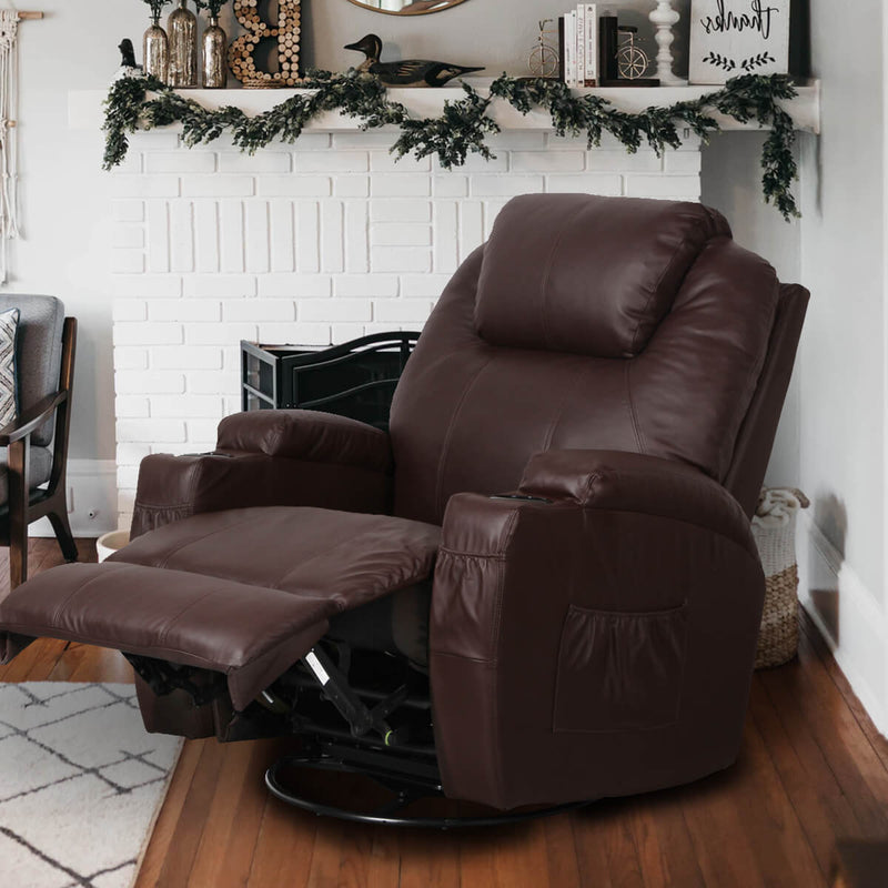 Massage Recliner Chair Heated PU Leather Ergonomic Lounge 360 Degree Swivel, Brown