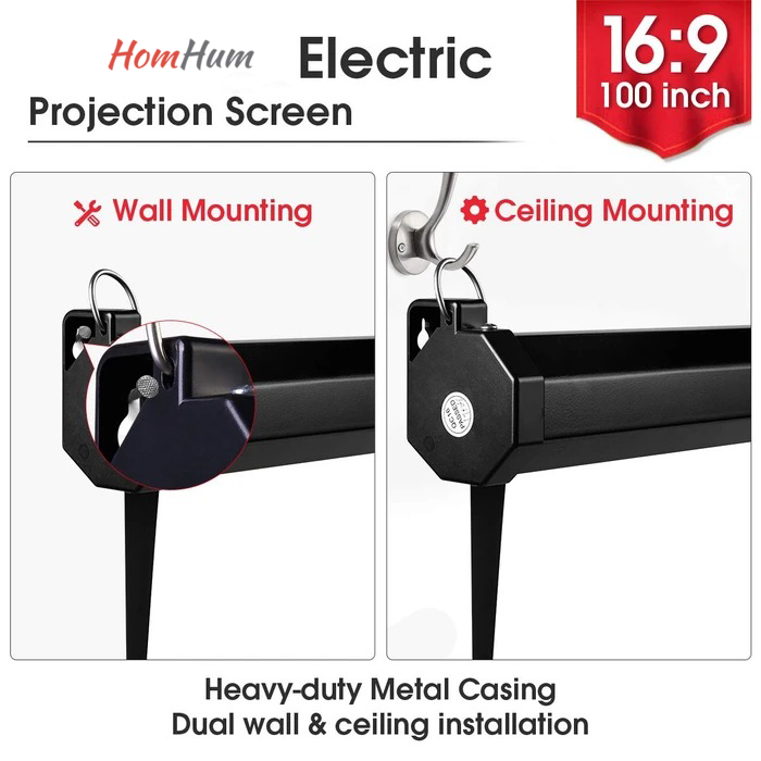 Homhum 1.2 Gain Projector Screen Manual Pull Down 100 inch 16:9 Projection Movies Screens 4K HD 1080P Wrinkle-Free for Home Theater School Office Indoor