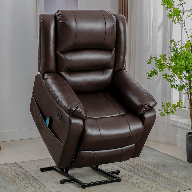 Power Lift Recliner Chair with Massage & Heat for Elderly, Breathe Leather Electric Recliner with 2 Side Pocket & USB Port (Brown)