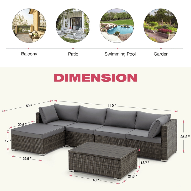 6 Pcs Outdoor Rattan Sectional Sofa All Weather Patio Furniture Set w/ Gray Cushion & Coffee Table