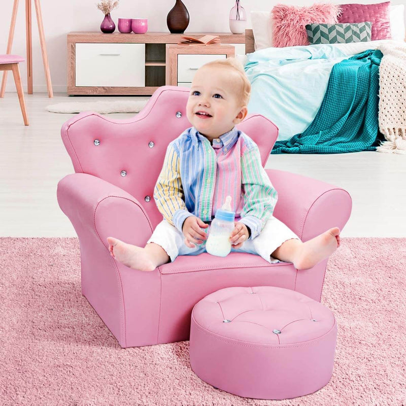 Kids Sofa With Upholstered Armchair with Ottoman Embedded Crystal Pink