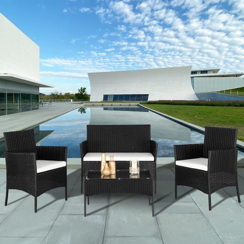 4 Pieces Outdoor Conversation Set Patio Dining Set Rattan Sofa Set Black