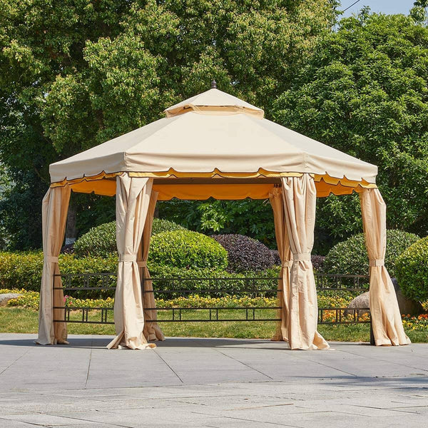 12FT Canopy Gazebo Hexagonal Double Roof Patio Gazebo Steel Frame Pavilion with Netting and Shade Curtains, Beige