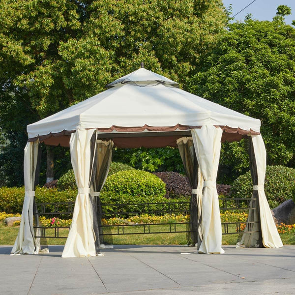 12FT Gazebo Canopy Hexagonal Double Roof Patio Gazebo Steel Frame Pavilion with Netting and Shade Curtains, Cream