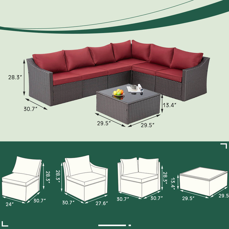 7 Pcs Patio Furniture Set All Weather Sectional Sofa with Red Cushion & Coffee Table