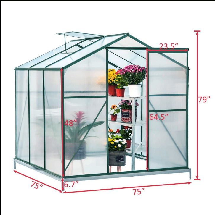 Walk-in Greenhouse 6'(L) x 6'(W) x 6.6'(H), UV Protection Greenhouse Garden Plant Hot House with Adjustable Roof Vent & Rain Gutters
