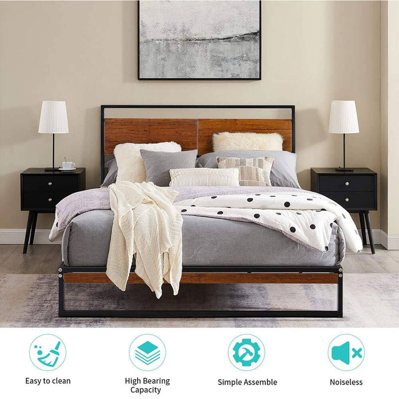 Queen Bed Frame with Wooden Headboard,Platform Metal Bed Frame with Footboard