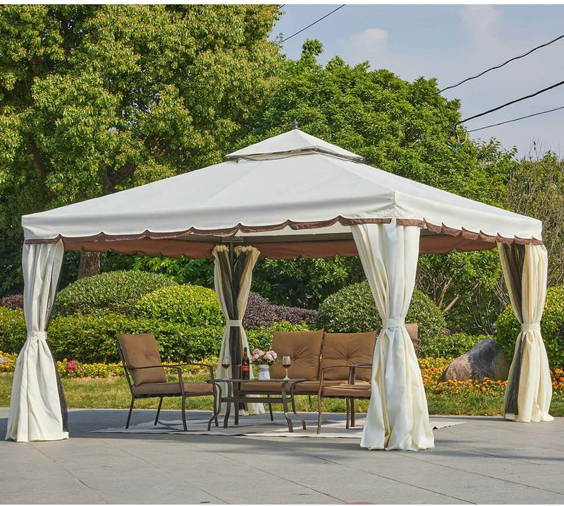 12’ x 12’ Canopy Gazebo Double Roof Patio Gazebo Steel Frame with Netting and Shade Curtains, Cream