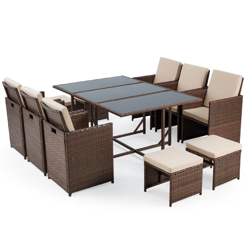 11 Pcs Patio Dining Set Space Saving Rattan Outdoor Sectional Furniture w/ Ottoman, Cushion & Dust Cover