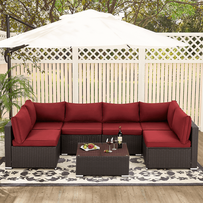 7 Pcs Patio Furniture Set All Weather Sectional Sofa w/ Red Cushion & Coffee Table