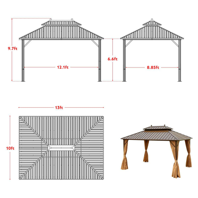 10' x 13' Patio Hardtop Gazebo Galvanized Steel, Double-Roof Gazebo Pergolas Aluminum Frame with Netting & Curtains