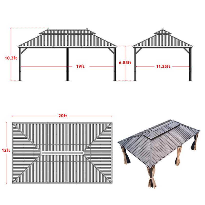 12' x 20' Hardtop Gazebo Galvanized Steel Outdoor Double-Roof Gazebo Pergolas Aluminum Frame with Netting & Curtains