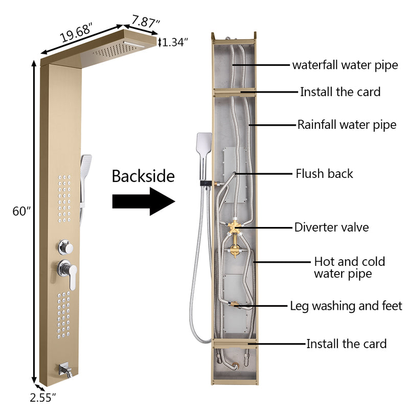 Shower Panel Stainless Steel Multi-Function Gold 24 Holes 60 inch