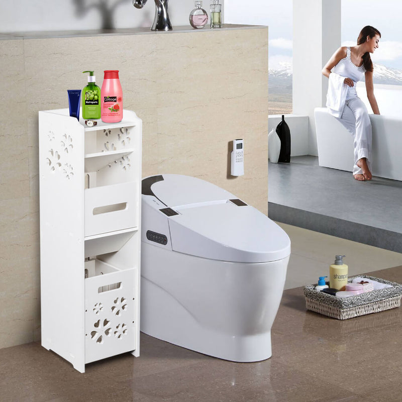 3-tier Bathroom Storage Cabinet with Garbage Can 10x10*31 inches White