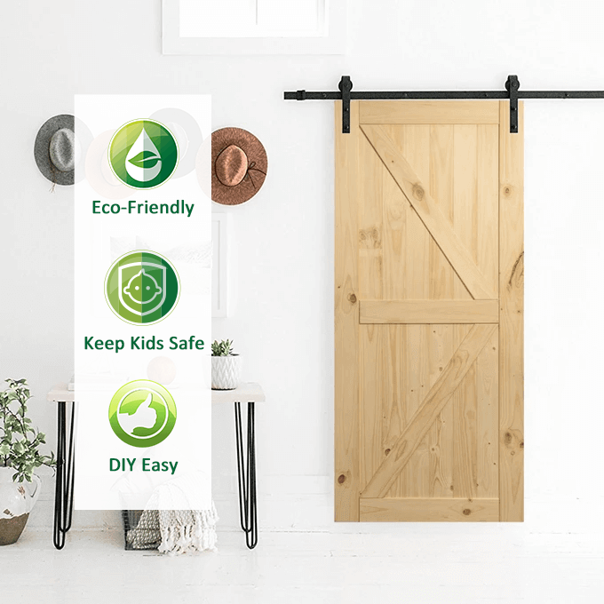 6.6 Ft J Shape Sliding Barn Door Hardware Kit With Pine Door (Whole Set)