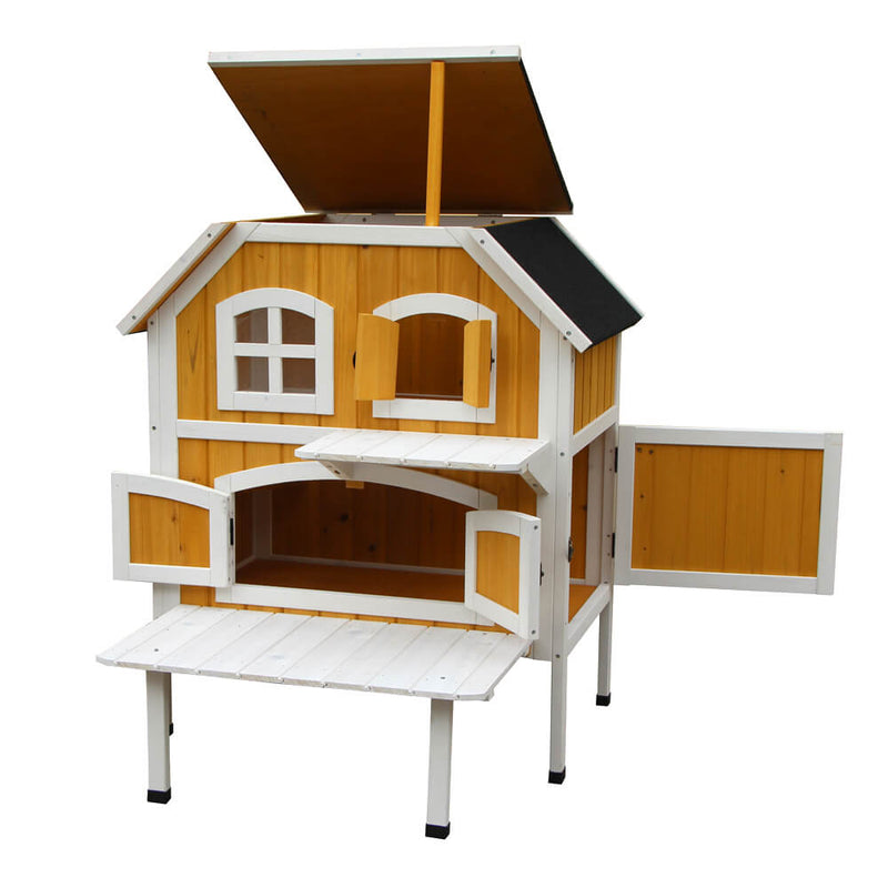 2-Story Wooden Raised Elevated Cat Cottage Pet House Indoor Outdoor Kennel