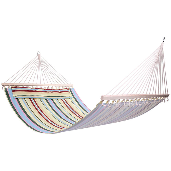 2 Person Double Hammock Bed with Wood Spreader Bar, Portable Patio Swing Hammocks (Beige)