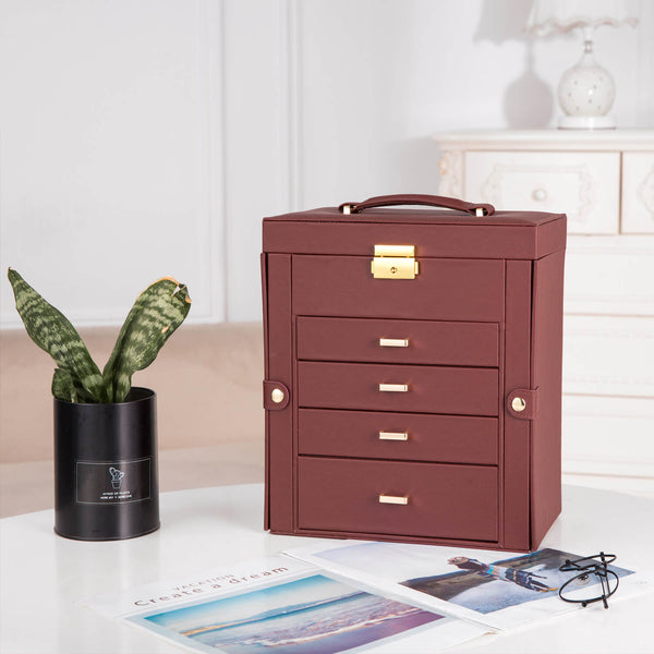 Synthetic Leather Huge Jewelry Box Mirrored Watch Organizer Storage Lockable Gift Case Brown