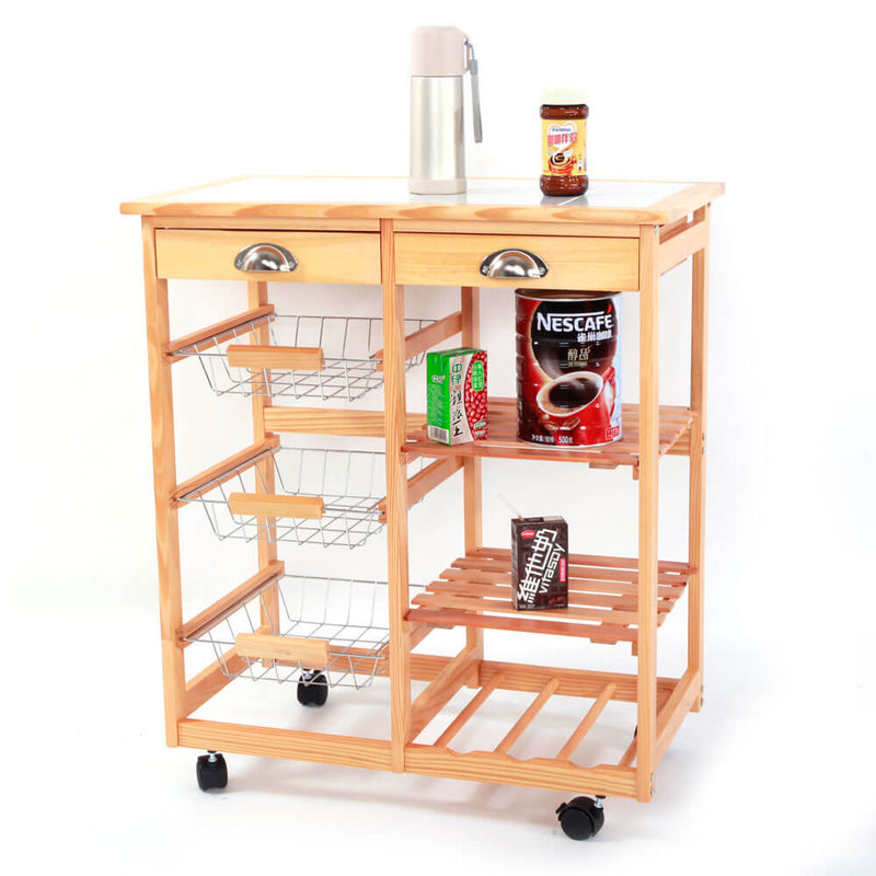 Kitchen & Dining Room Cart 2-Drawer Removable Storage Rack with Rolling Wheels Wood Color