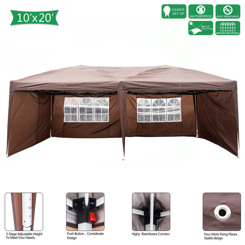 Homhum Waterproof Foldable Canopy Tent 10 x 20ft with Carry Bag for Party Camping, Dark Coffee