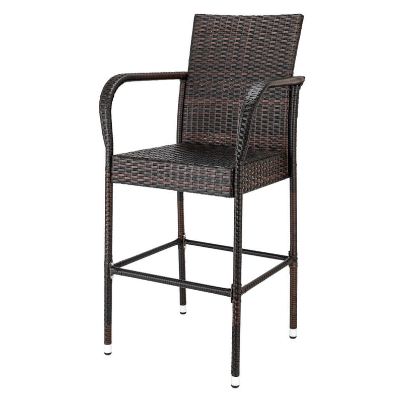 2-Piece Outdoor PE Rattan Wicker Chairs, High Bar Stool Chair, Patio Furniture Set with Armrest and Footrest, Brown