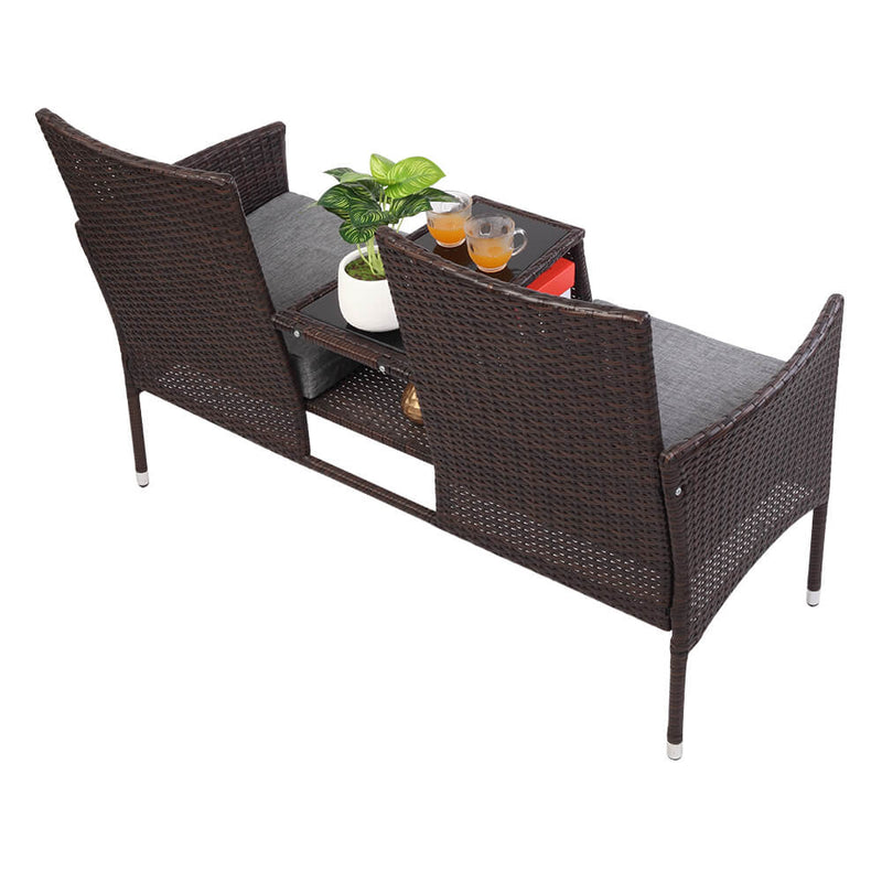 Double Siamese Rattan Chair Outdoor Garden Patio Furniture Brown Cushions