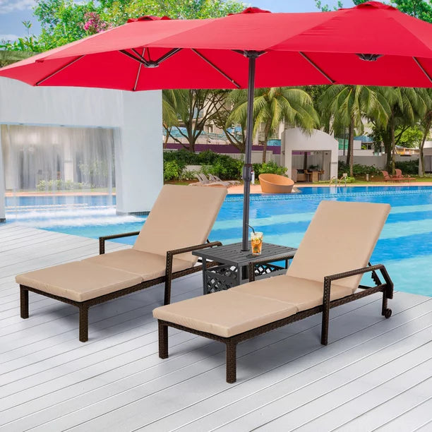 3-Piece Outdoor Wicker Chaise Lounge Set Brown