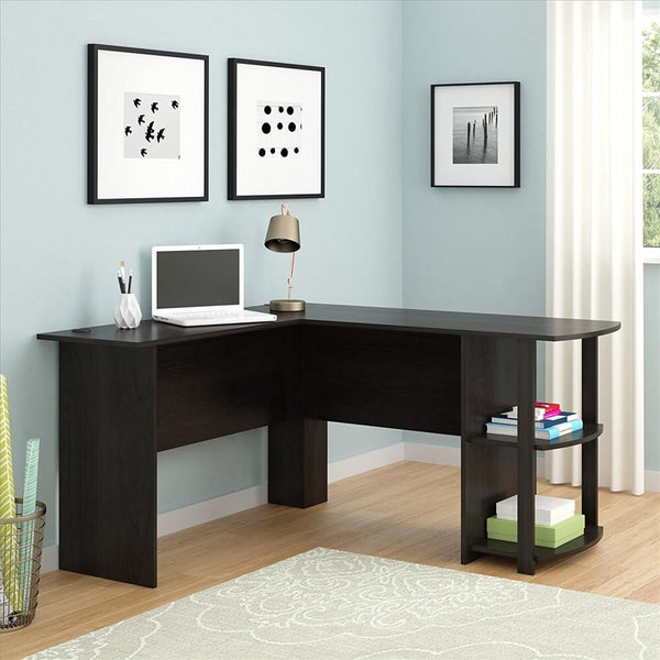 L-Shaped Computer Desk with Two-layer Bookshelves Dark Brown