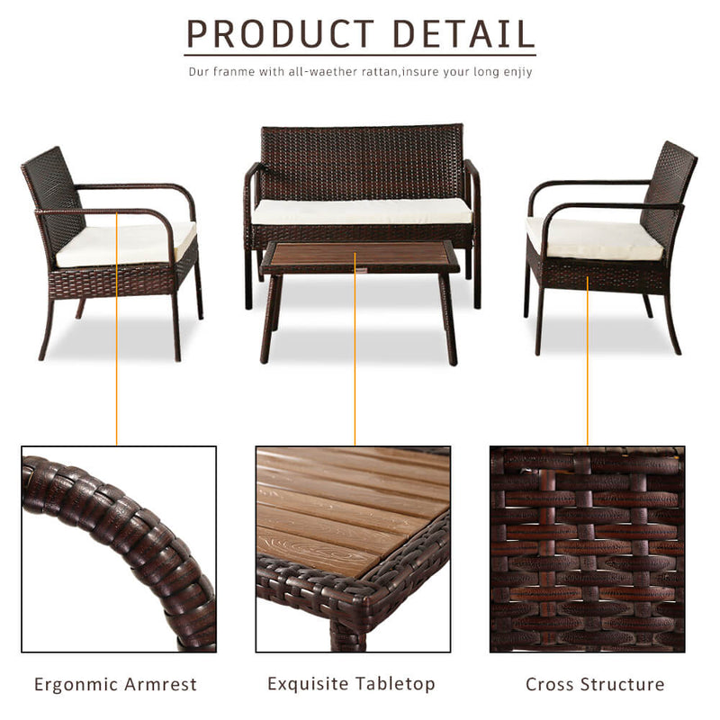 4 Pieces Patio Rattan Wicker Chair, Outdoor Sectional Furniture Set, Brown