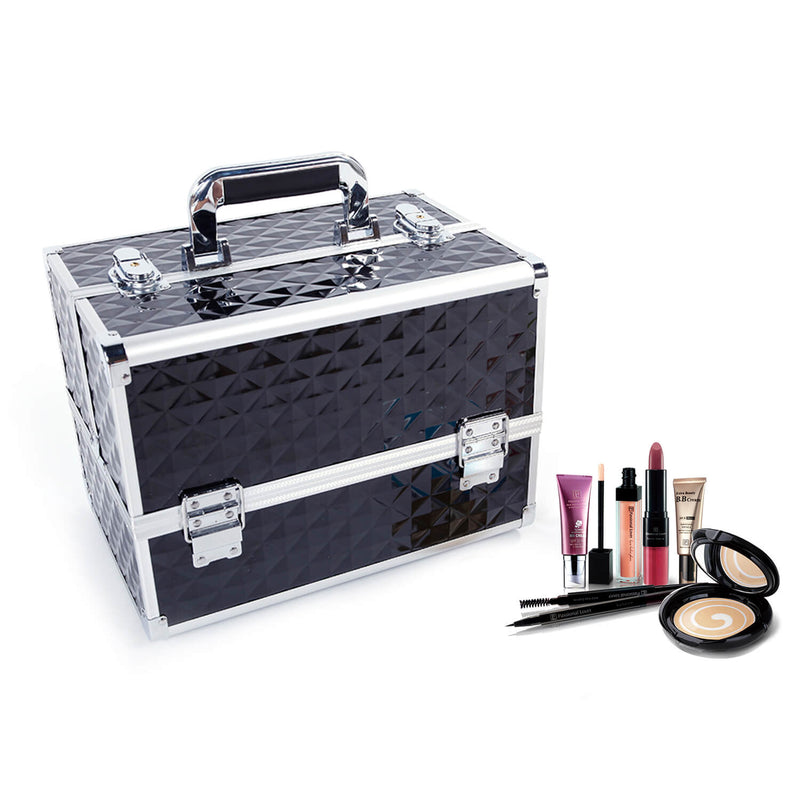 Multi-layer Professional Portable Aluminum Cosmetic Makeup Case Black
