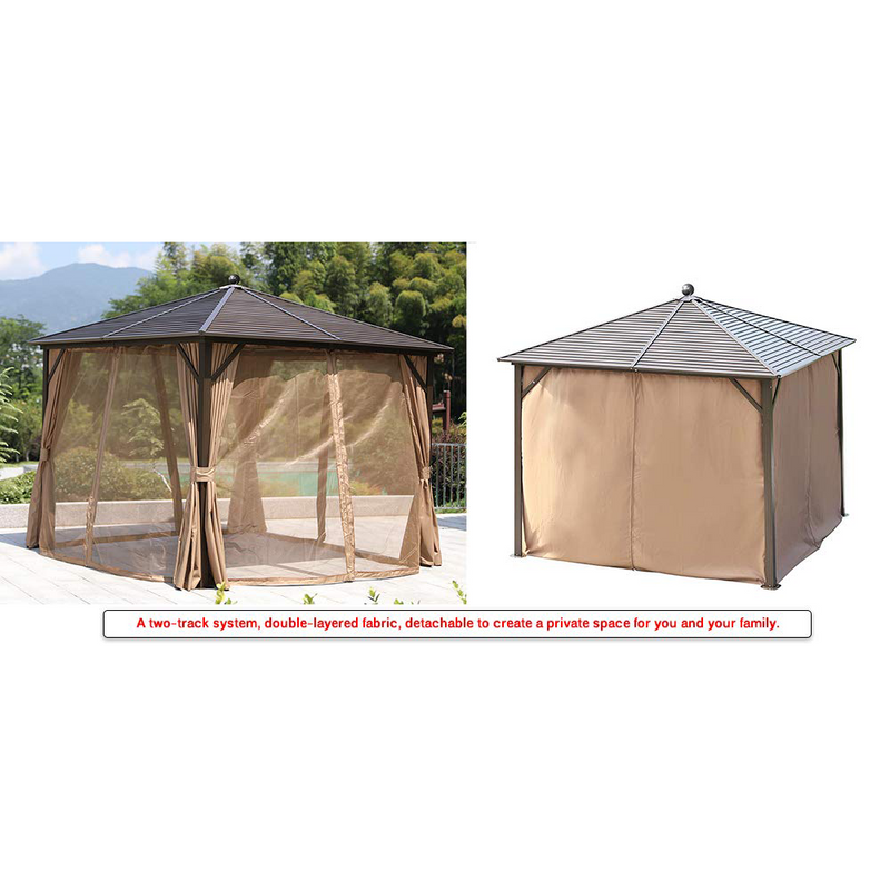 10 x 10ft Outdoor Galvanized Steel Hardtop Gazebo Canopy Aluminum Furniture Pergolas with Netting Curtains