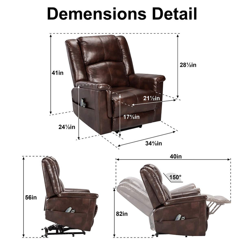 Power Lift Chair Electric Recliner for Elderly with Heat and Massage, 3 Positions, 2 Side Pockets, Faux Leather Recliners, Luxury Brown