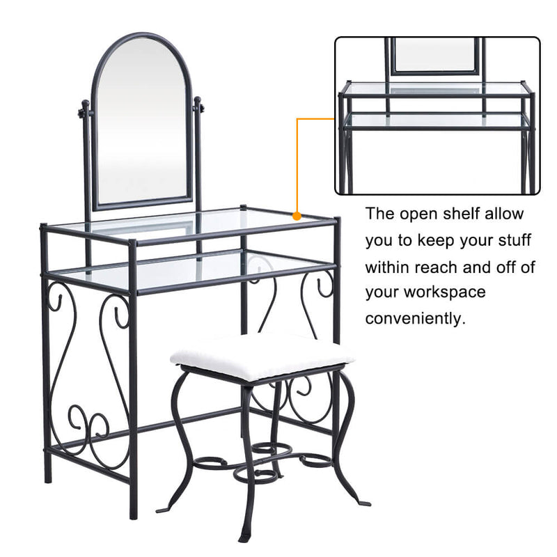 Simple Iron Dresser with Square Dressing Stool Black