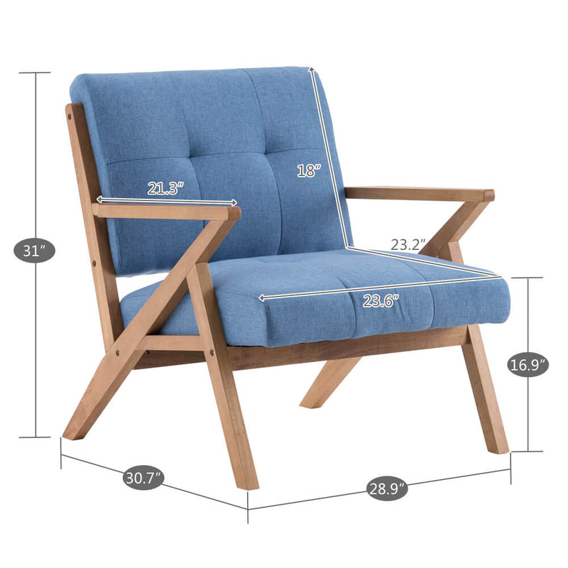 Mid-Century Modern Accent Armchair Solid Hardwood Upholstered Linen Lounge Chair, Light Blue