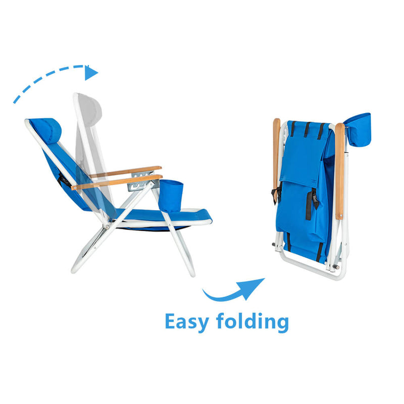 Backpack Folding Beach Chair, Camping Pool Chairs with Armrest & Padded Headrest Cup Holder Blue