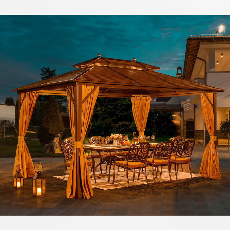 10‘ x 13’ Hardtop Gazebo Galvanized Steel, Double-Roof Gazebos Pergolas Aluminum Frame with Netting & Curtains