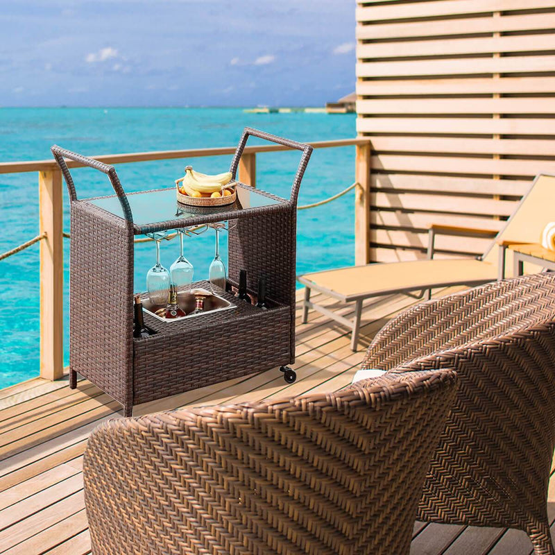 Outdoor Wicker Bar Cart Patio Serving Counter Table w/ Removable 12L Ice bucket, Glass Top, Wine Rack & Wheels