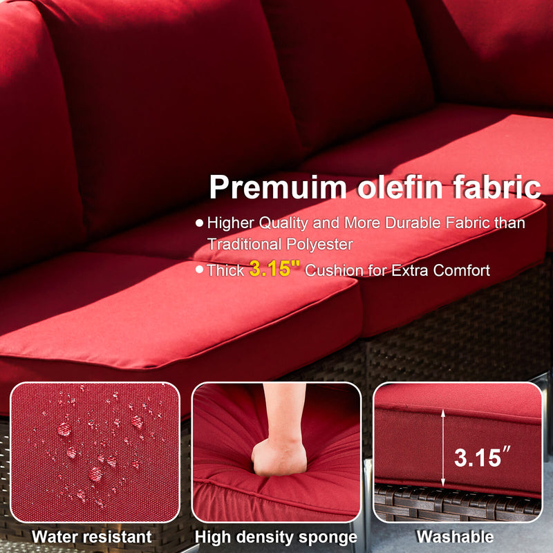 7 Pcs Outdoor Sectional Sofas All-Weather Patio Couch Set with Red Cushion/Tea Table