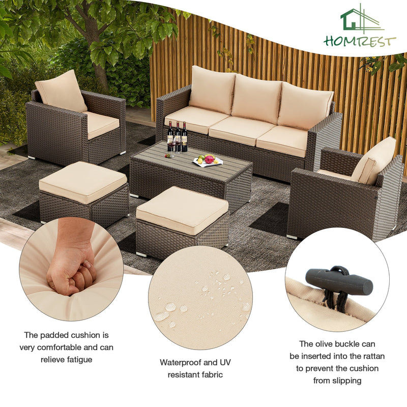 6 Pieces Weaving Wicker Rattan Sofa with Coffee Table,Outdoor Set Furniture Khaki