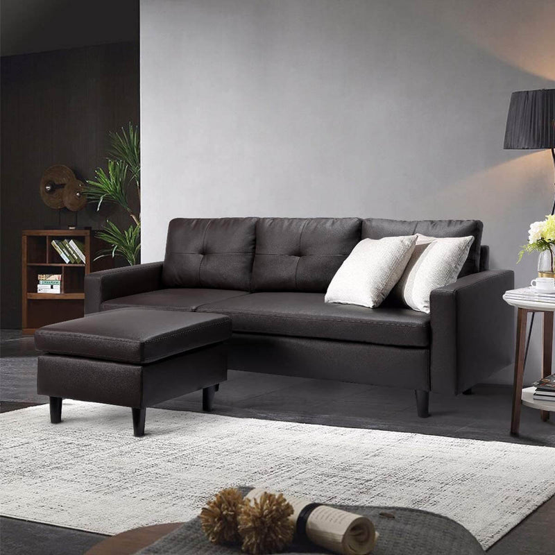 Faux Leather Sectional Sofa Convertible Couch Black Leather L-Shape Couch for Small Space Apartment