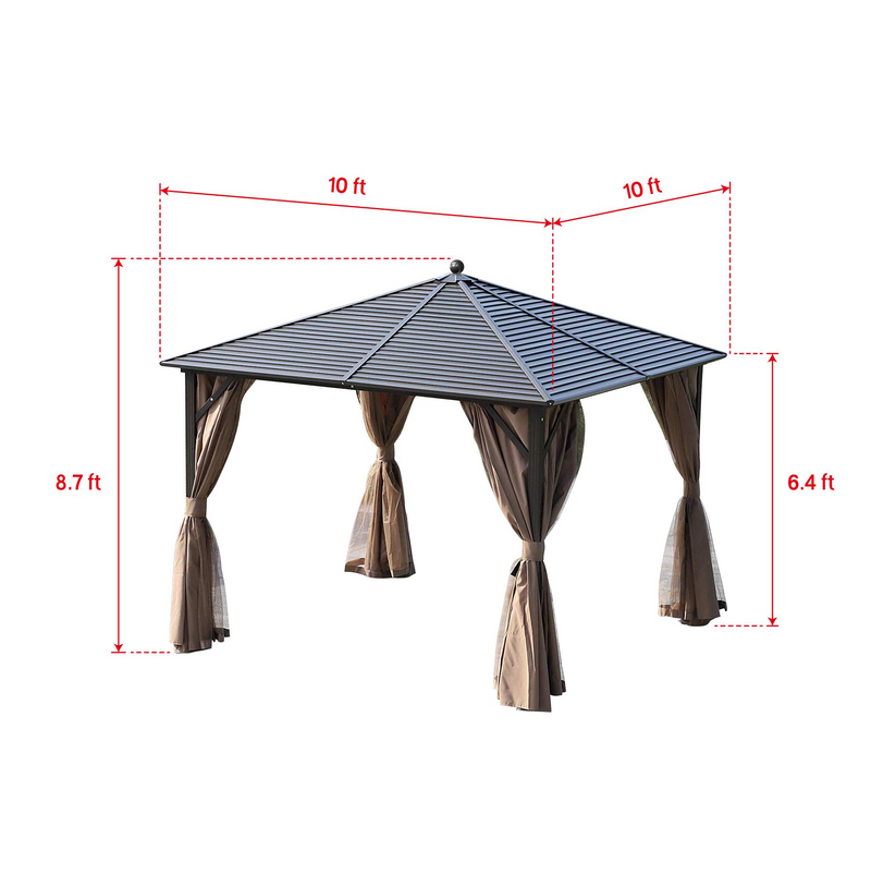 10 x 10ft Outdoor Galvanized Steel Hardtop Gazebo Canopy Aluminum Furniture Pergolas with Netting Curtains