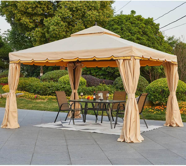 10’ x 12’ Gazebo Double Roof Patio Gazebo Canopy Steel Frame with Netting & Shade Curtains, Beige