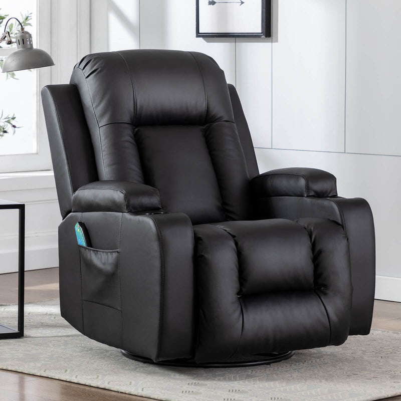 Massage Recliner Chair PU Leather Ergonomic Lounge Heated Chair 360 Degree Swivel Home Theater Recliner (Black)