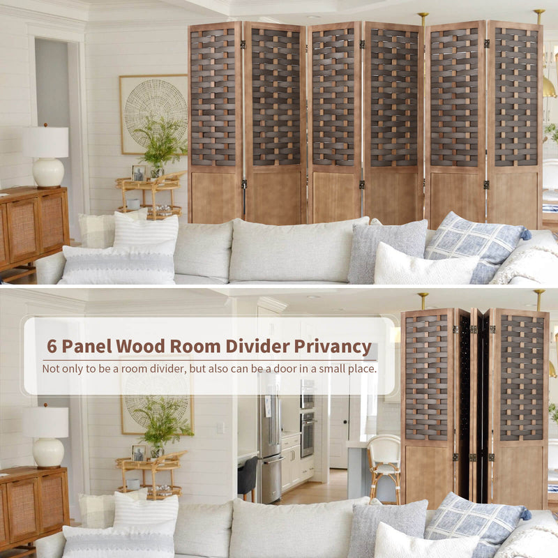 6 Panels Folding Room Divider 5.6ft Wood Privacy Screens with Hand-Woven Wicker Rattan, Brown