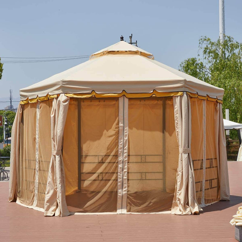12FT Canopy Gazebo Hexagonal Double Roof Patio Gazebo Steel Frame Pavilion with Netting and Shade Curtains, Beige